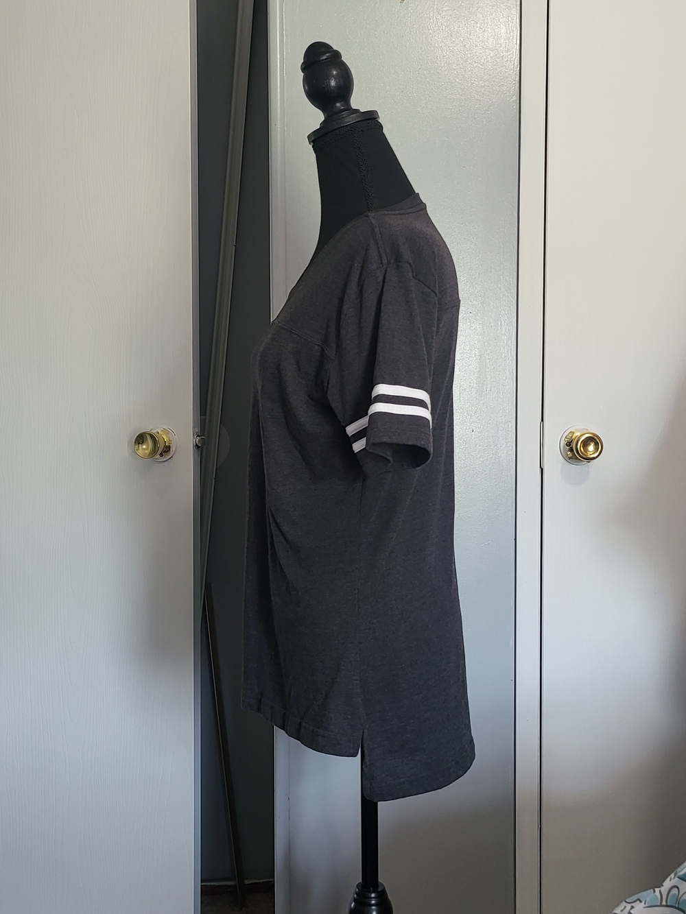 Women's Charcoal V-Neck Tee with White Sleeve Stripes - Picture 2 of 3